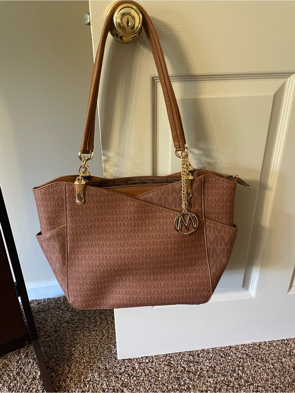 Monogram Print Tote in Cognac with Gold Accents